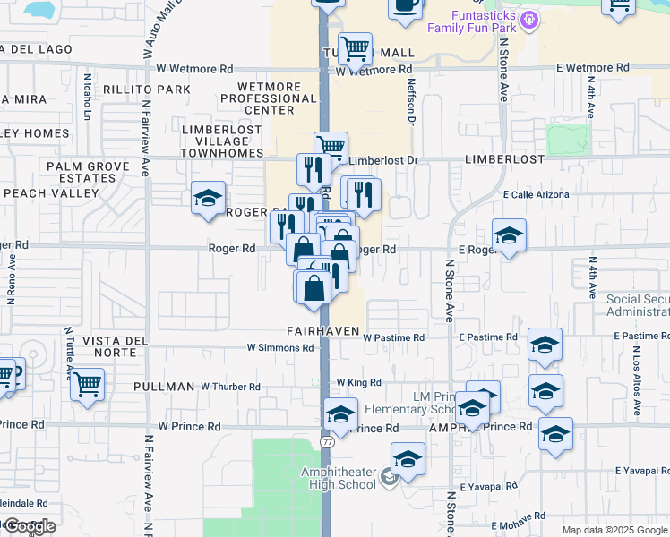 map of restaurants, bars, coffee shops, grocery stores, and more near 3952 North Oracle Road in Tucson