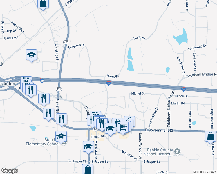 map of restaurants, bars, coffee shops, grocery stores, and more near 314 North Street in Brandon