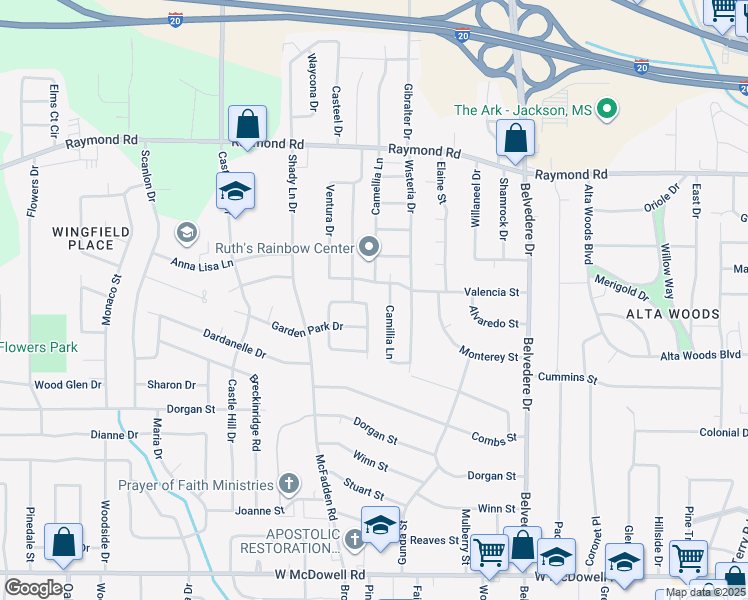map of restaurants, bars, coffee shops, grocery stores, and more near 352 Catalina Circle in Jackson