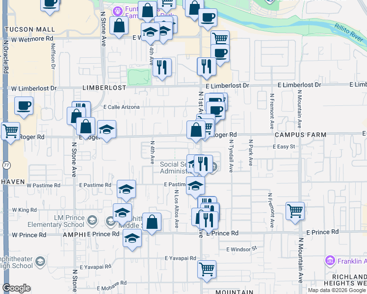 map of restaurants, bars, coffee shops, grocery stores, and more near 517a East McMillan Drive in Tucson