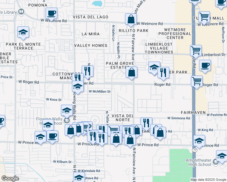 map of restaurants, bars, coffee shops, grocery stores, and more near 3942 North Palm Grove Drive in Tucson