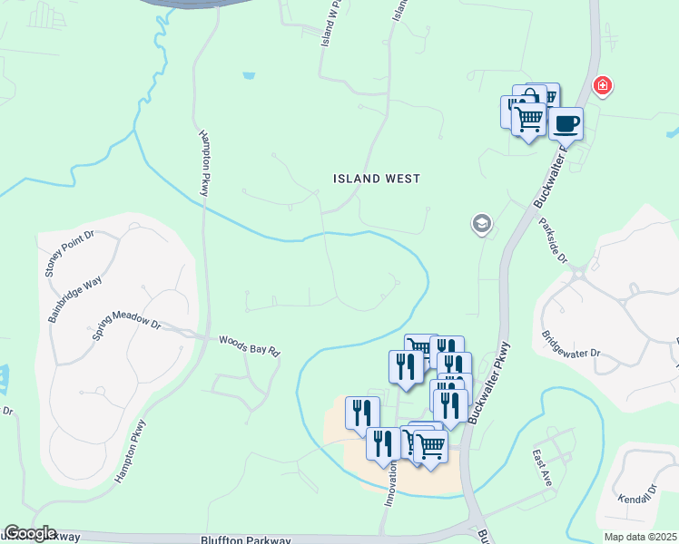 map of restaurants, bars, coffee shops, grocery stores, and more near 190 Blythe Island Road in Bluffton