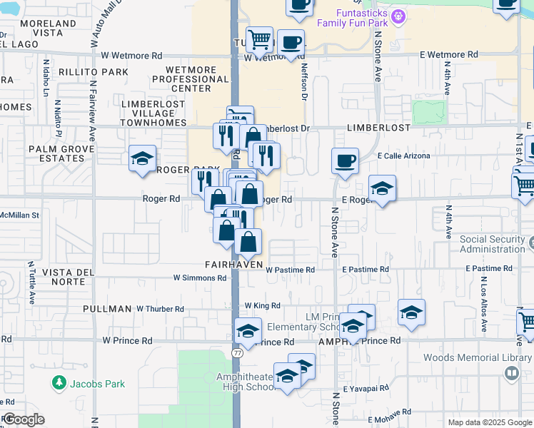 map of restaurants, bars, coffee shops, grocery stores, and more near 307 West Roger Road in Tucson