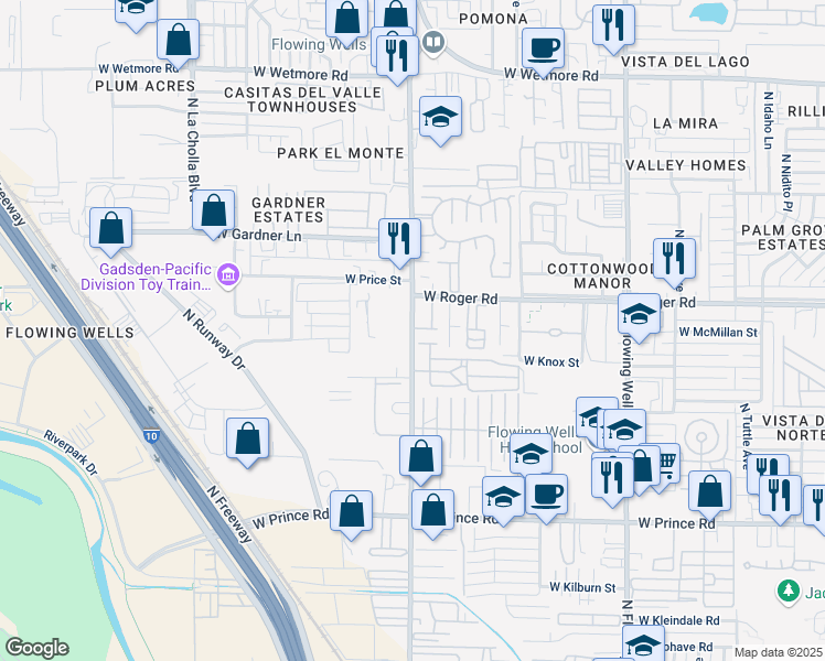 map of restaurants, bars, coffee shops, grocery stores, and more near 3905 North Romero Road in Tucson