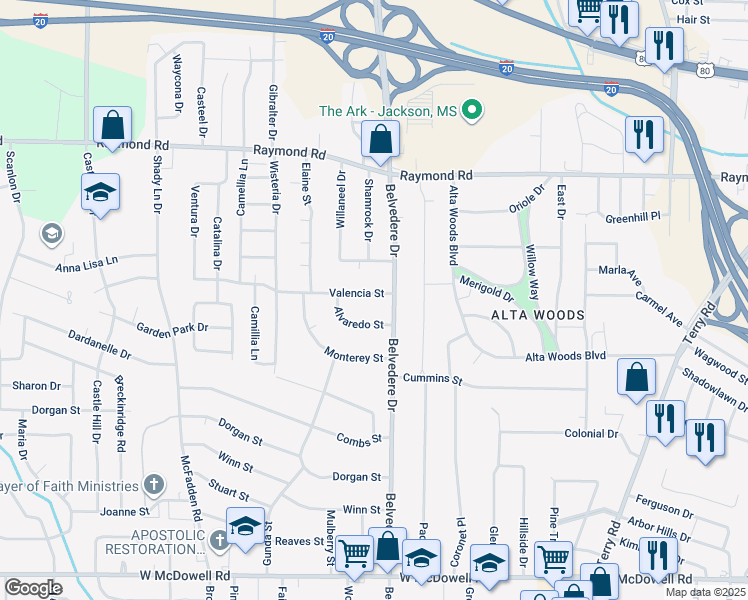 map of restaurants, bars, coffee shops, grocery stores, and more near 723 Valencia Street in Jackson