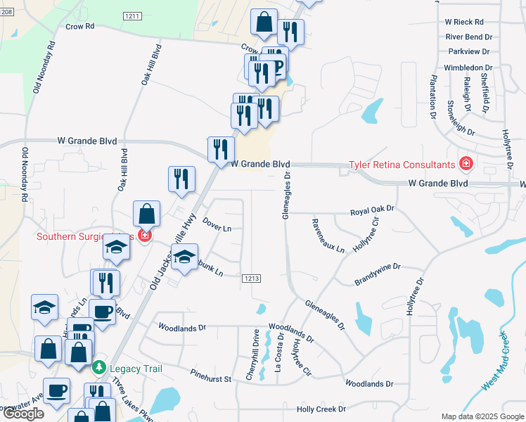 map of restaurants, bars, coffee shops, grocery stores, and more near 6418 Rockwood Drive in Tyler