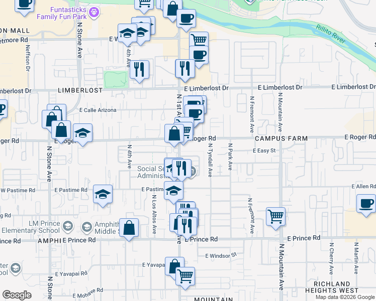 map of restaurants, bars, coffee shops, grocery stores, and more near 701 East McMillan Drive in Tucson