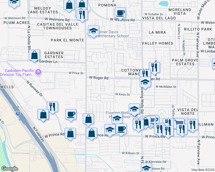 map of restaurants, bars, coffee shops, grocery stores, and more near 3925 North Midge Lane in Tucson