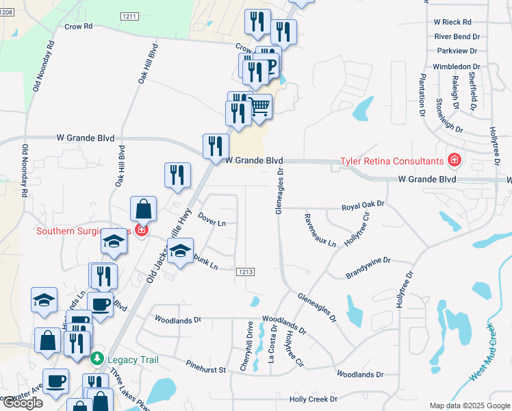 map of restaurants, bars, coffee shops, grocery stores, and more near 6418 Rockwood Drive in Tyler