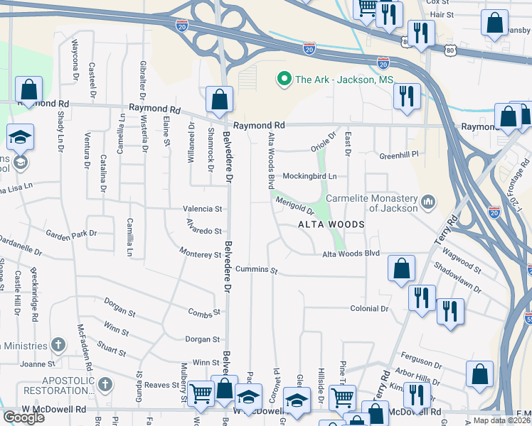 map of restaurants, bars, coffee shops, grocery stores, and more near 2107 Alta Woods Boulevard in Jackson