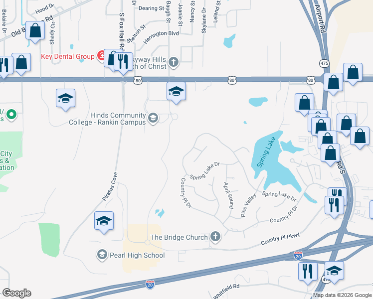 map of restaurants, bars, coffee shops, grocery stores, and more near 563 Springlake Drive in Pearl