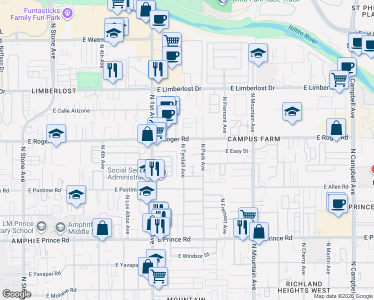 map of restaurants, bars, coffee shops, grocery stores, and more near 3946 North Tyndall Avenue in Tucson
