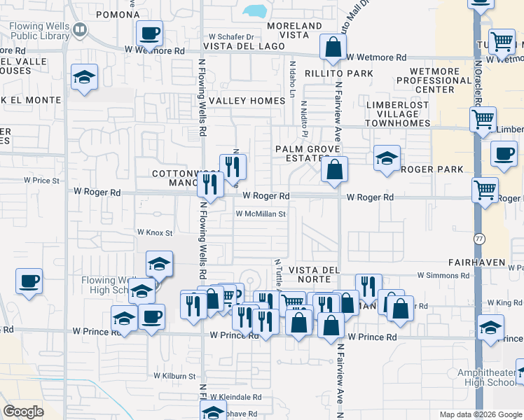 map of restaurants, bars, coffee shops, grocery stores, and more near 1222 West McMillan Street in Tucson