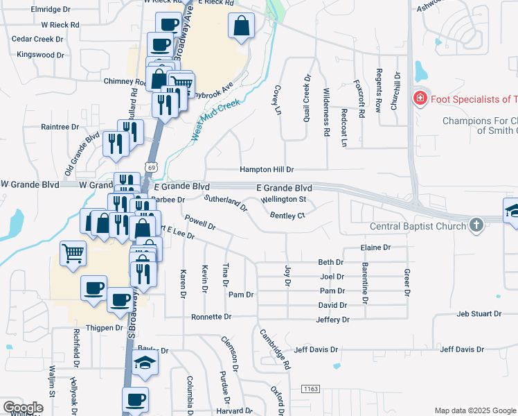 map of restaurants, bars, coffee shops, grocery stores, and more near 601 Bentley Court in Tyler