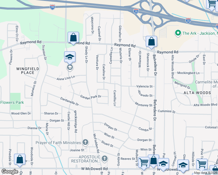 map of restaurants, bars, coffee shops, grocery stores, and more near 358 Catalina Circle in Jackson
