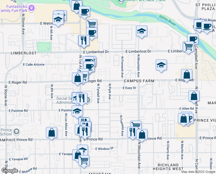 map of restaurants, bars, coffee shops, grocery stores, and more near 3918 North Park Avenue in Tucson