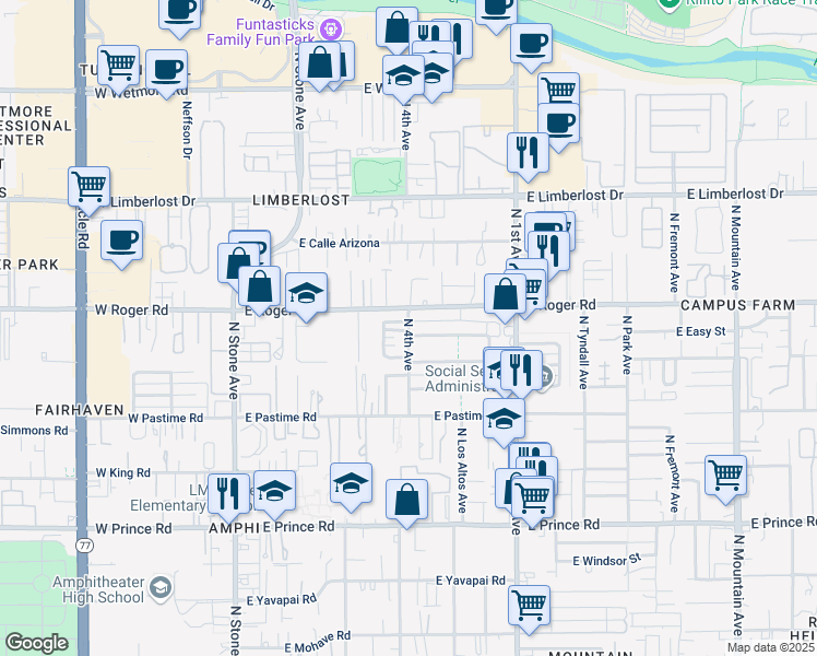 map of restaurants, bars, coffee shops, grocery stores, and more near 356 East Roger Road in Tucson