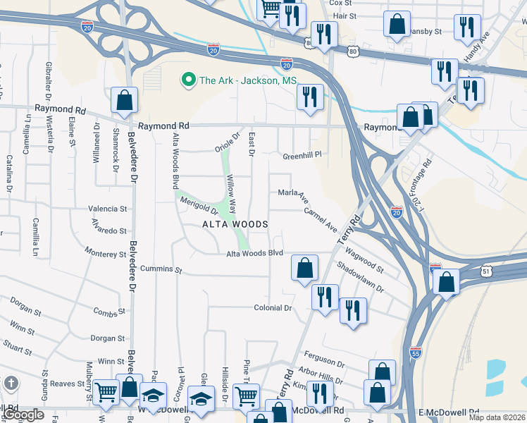 map of restaurants, bars, coffee shops, grocery stores, and more near 2111 Oakhurst Dr in Jackson
