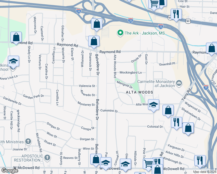map of restaurants, bars, coffee shops, grocery stores, and more near 2107 Alta Woods Boulevard in Jackson