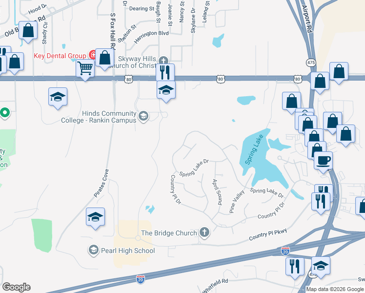 map of restaurants, bars, coffee shops, grocery stores, and more near 563 Springlake Drive in Pearl