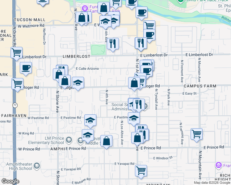 map of restaurants, bars, coffee shops, grocery stores, and more near 433 East McMillan Drive in Tucson