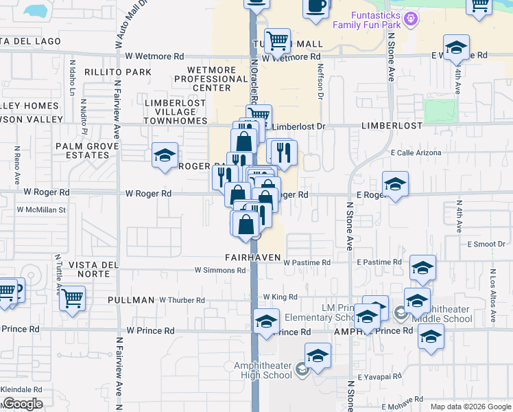map of restaurants, bars, coffee shops, grocery stores, and more near 3976 North Oracle Road in Tucson