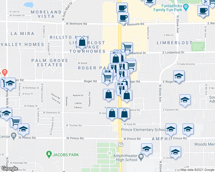 map of restaurants, bars, coffee shops, grocery stores, and more near 3963 North Oracle Road in Tucson