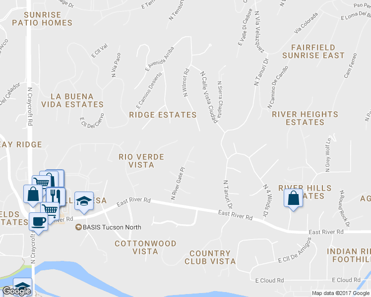 map of restaurants, bars, coffee shops, grocery stores, and more near 3945 North River Gate Place in Tucson