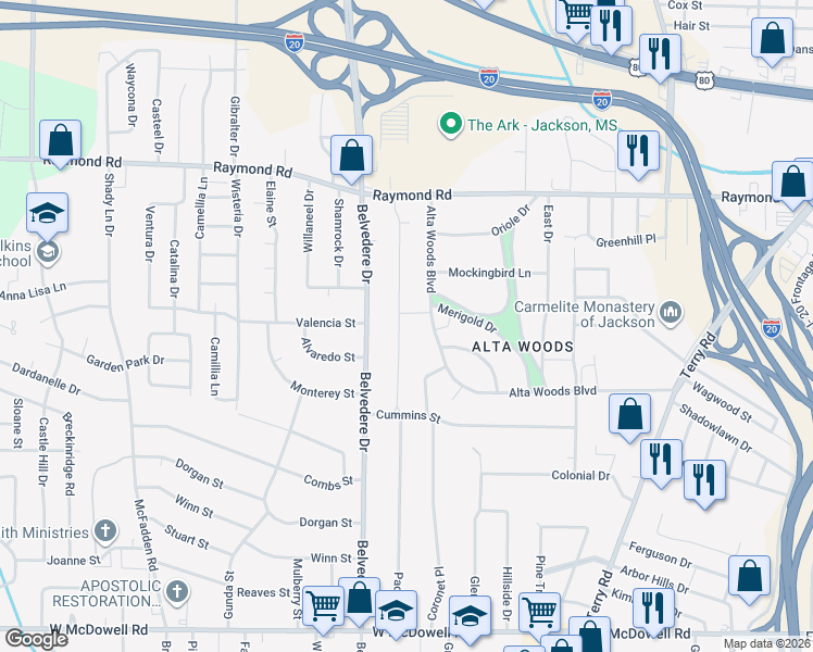 map of restaurants, bars, coffee shops, grocery stores, and more near 2107 Alta Woods Boulevard in Jackson