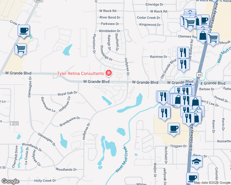 map of restaurants, bars, coffee shops, grocery stores, and more near 741 Esperanza Place in Tyler