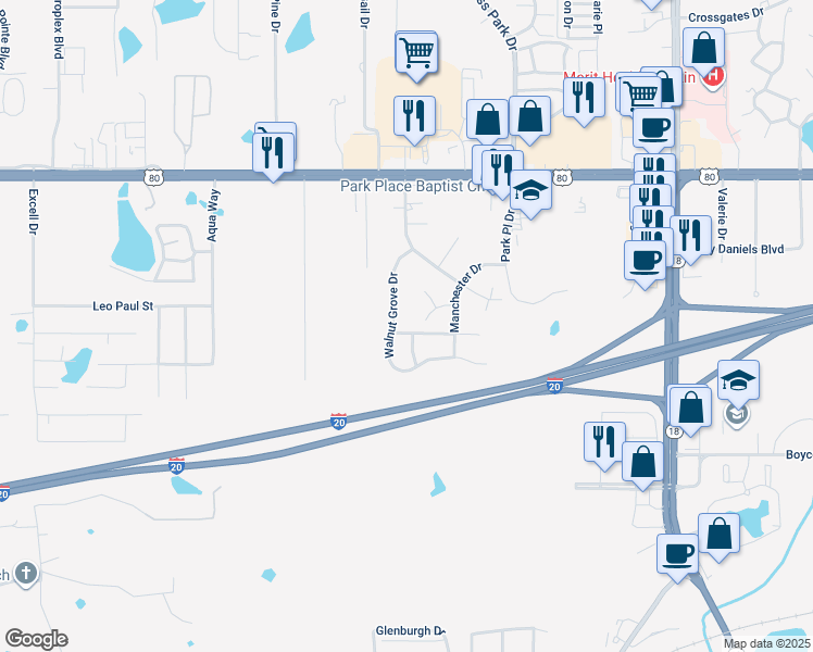 map of restaurants, bars, coffee shops, grocery stores, and more near 708 Woodrun Drive in Pearl