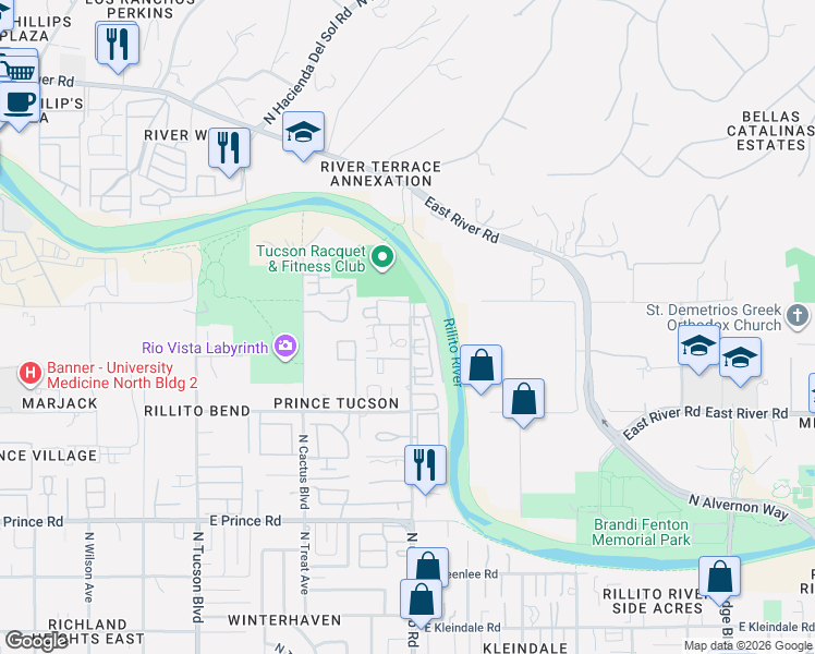 map of restaurants, bars, coffee shops, grocery stores, and more near 3109 East Oasis De Palmeras in Tucson