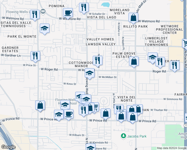 map of restaurants, bars, coffee shops, grocery stores, and more near 1355 West Roger Road in Tucson