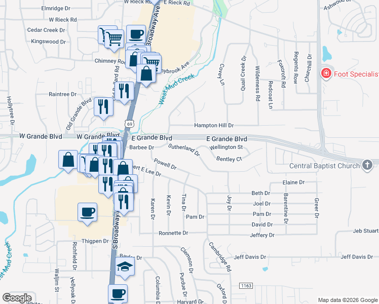 map of restaurants, bars, coffee shops, grocery stores, and more near 421 Sutherland Drive in Tyler