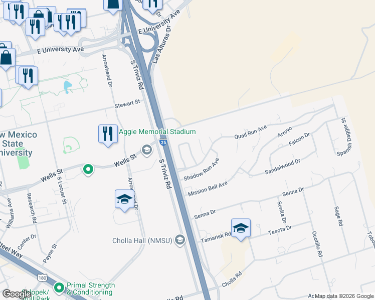 map of restaurants, bars, coffee shops, grocery stores, and more near 5023 Shadow Mountain Road in Las Cruces