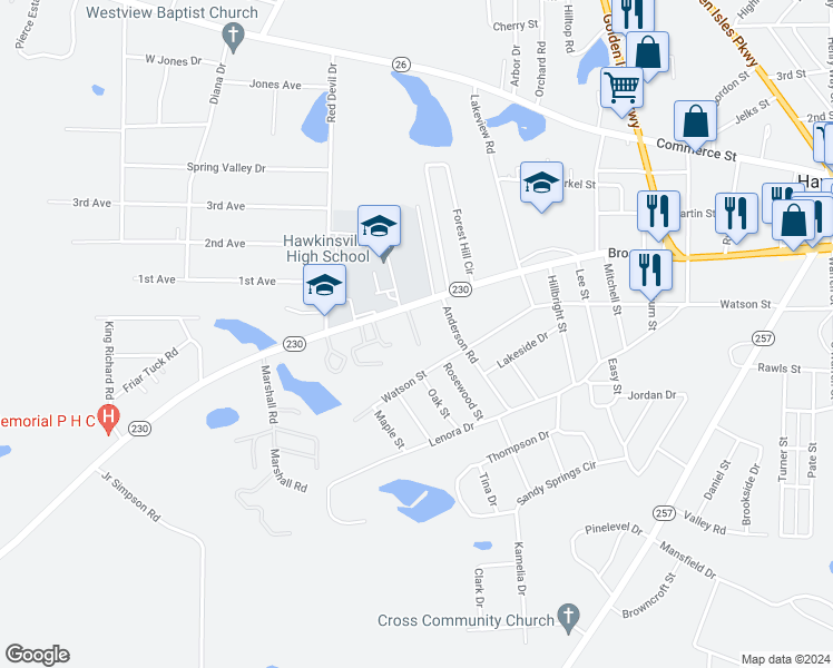 map of restaurants, bars, coffee shops, grocery stores, and more near 347 Broad Street in Hawkinsville