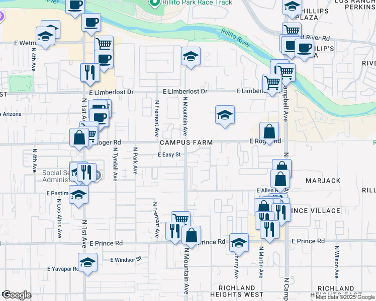 map of restaurants, bars, coffee shops, grocery stores, and more near 3922 North Mountain Avenue in Tucson