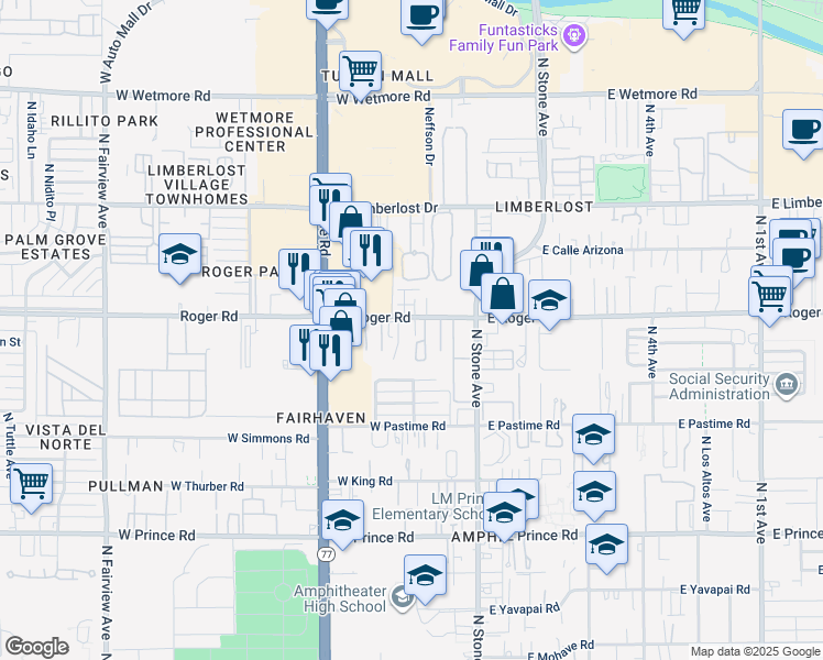map of restaurants, bars, coffee shops, grocery stores, and more near 215 West Roger Road in Tucson