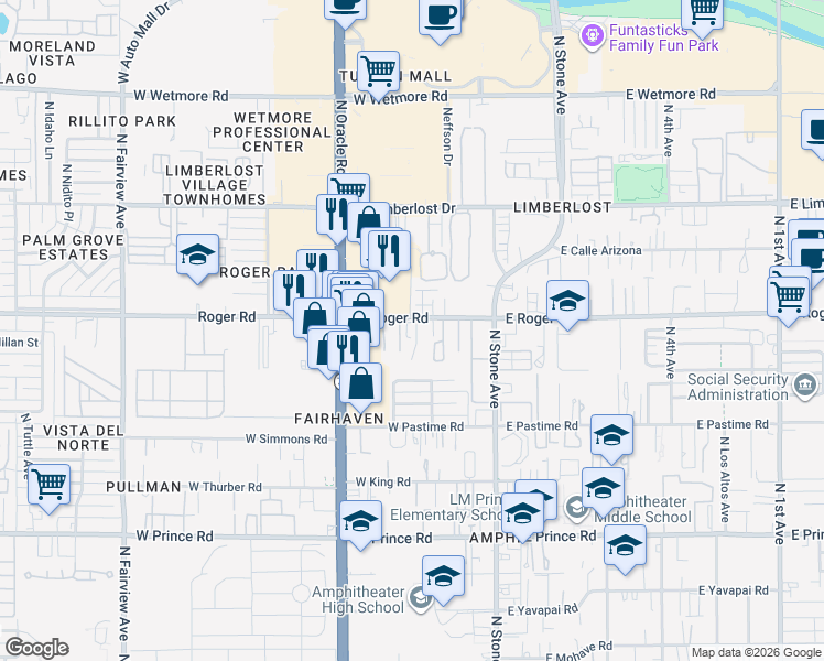 map of restaurants, bars, coffee shops, grocery stores, and more near 307 West Roger Road in Tucson