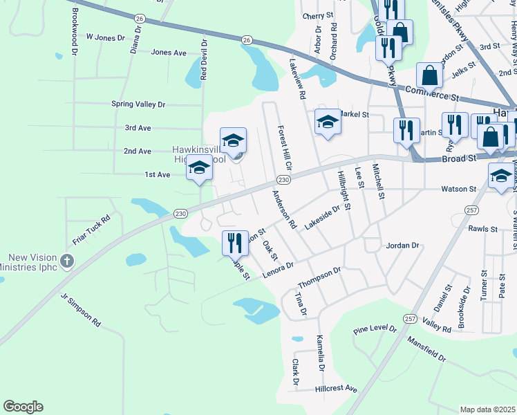 map of restaurants, bars, coffee shops, grocery stores, and more near 347 Broad Street in Hawkinsville