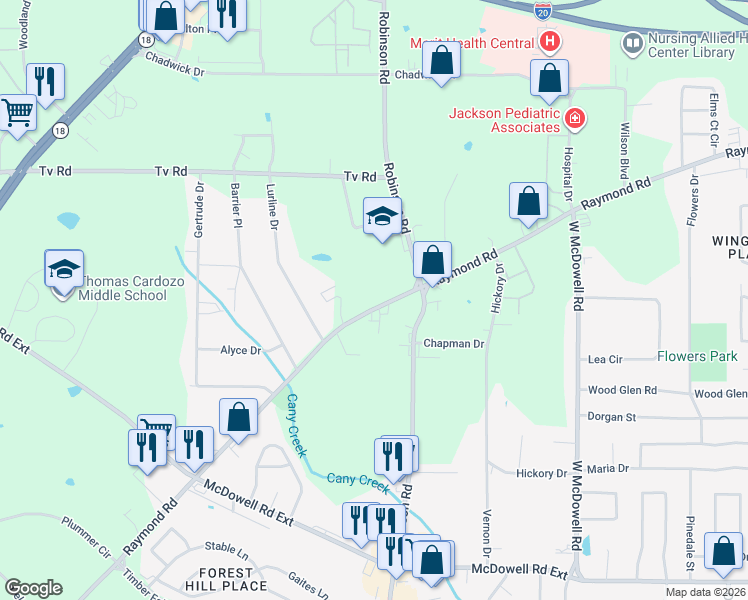 map of restaurants, bars, coffee shops, grocery stores, and more near 1744 Raymond Road in Jackson