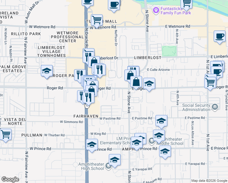 map of restaurants, bars, coffee shops, grocery stores, and more near 215 West Roger Road in Tucson