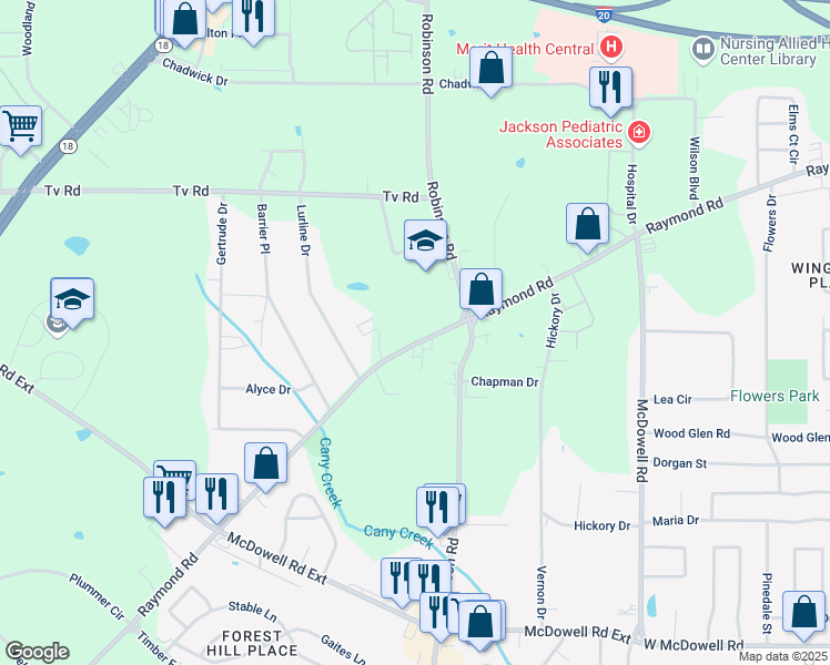 map of restaurants, bars, coffee shops, grocery stores, and more near 1744 Raymond Road in Jackson