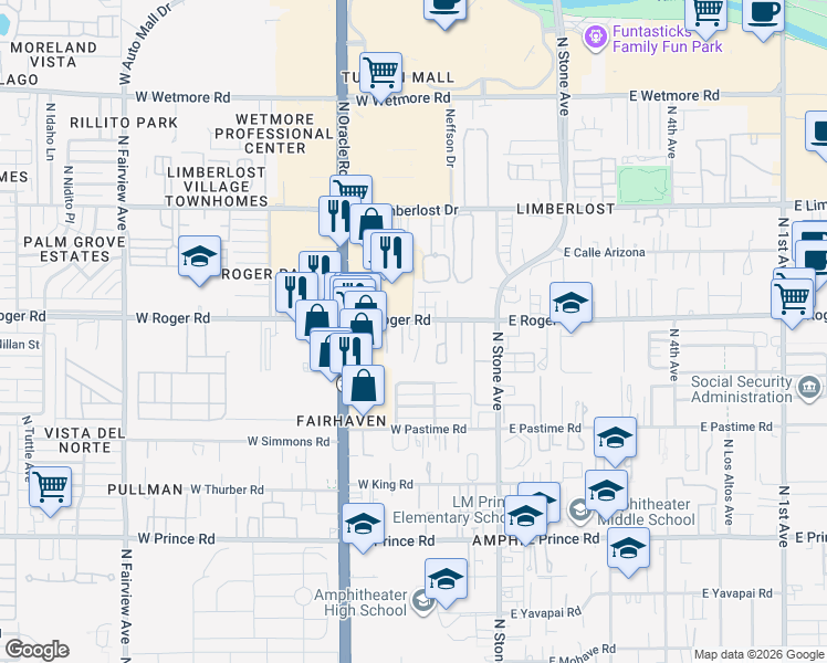 map of restaurants, bars, coffee shops, grocery stores, and more near 307 West Roger Road in Tucson