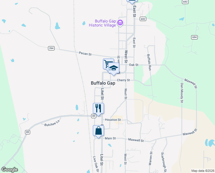 map of restaurants, bars, coffee shops, grocery stores, and more near 741 Litel Street in Buffalo Gap
