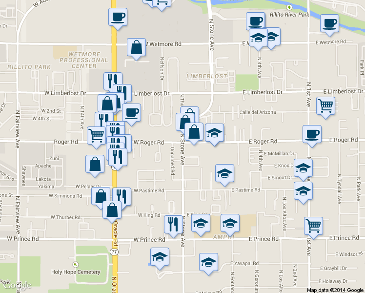 map of restaurants, bars, coffee shops, grocery stores, and more near 3960 North Stone Avenue in Tucson
