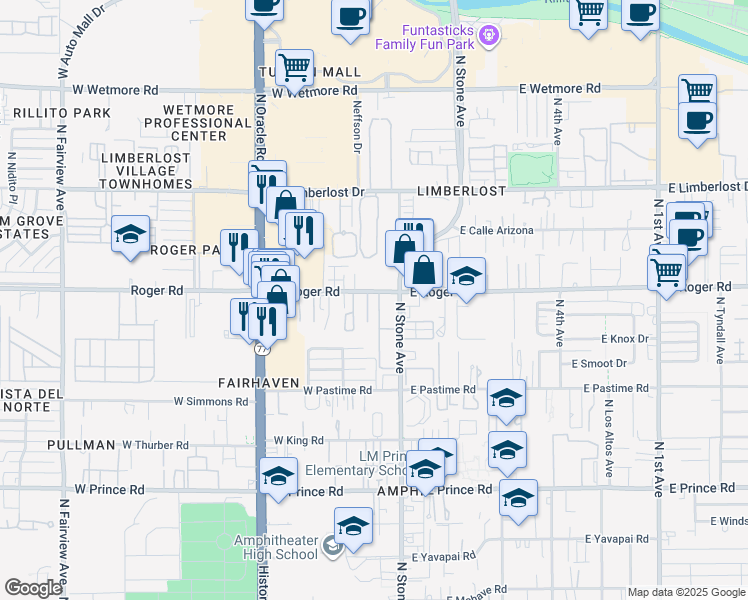map of restaurants, bars, coffee shops, grocery stores, and more near 137 West Roger Road in Tucson