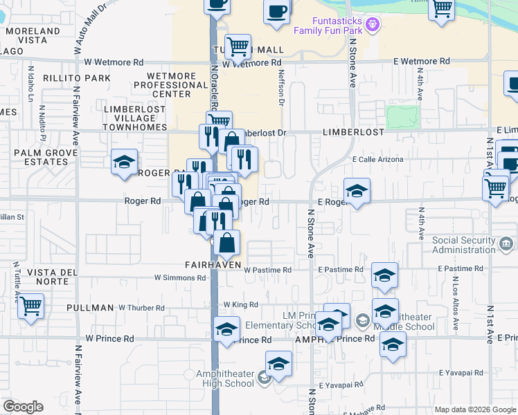 map of restaurants, bars, coffee shops, grocery stores, and more near 307 West Roger Road in Tucson