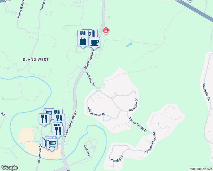 map of restaurants, bars, coffee shops, grocery stores, and more near 50 Pebble Beach Cove in Bluffton