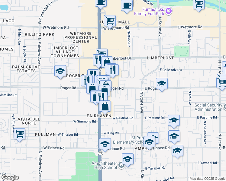 map of restaurants, bars, coffee shops, grocery stores, and more near 307 West Roger Road in Tucson